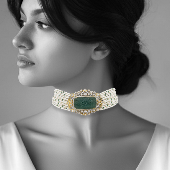 Carved Green Stone Polki Choker with Pearl Strands